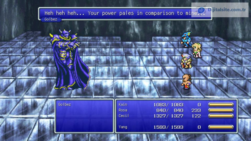 Final Fantasy Pixel Remaster'dan oynanış karesi. Dört kahramandan oluşan bir grup dört kötü kara şövalyeyle savaşıyor. Can puanları savaşın altında gösteriliyor.