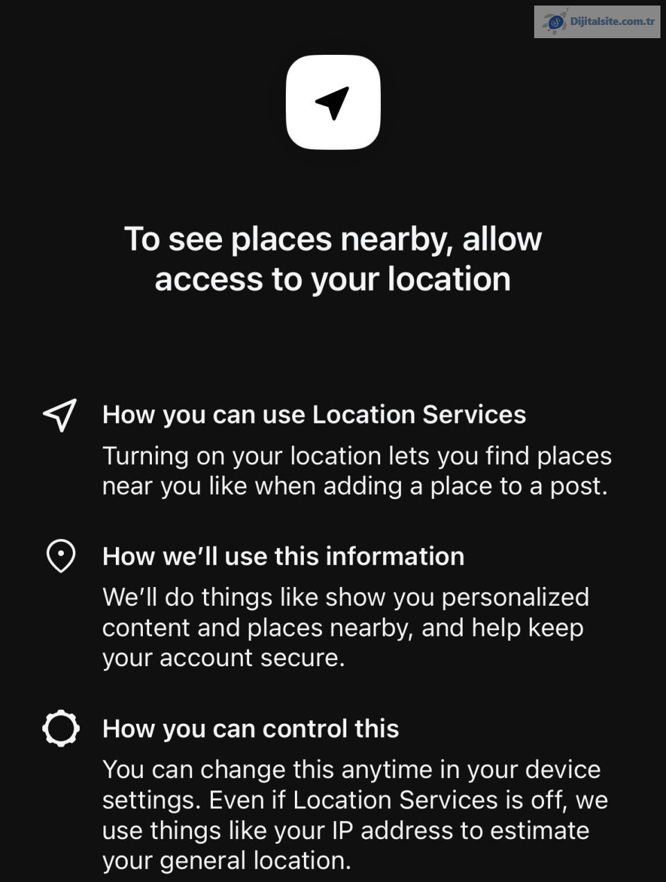 Meta'nın konu başlıklarında konum paylaşımına ilişkin uygulama içi sorumluluk reddi beyanı.