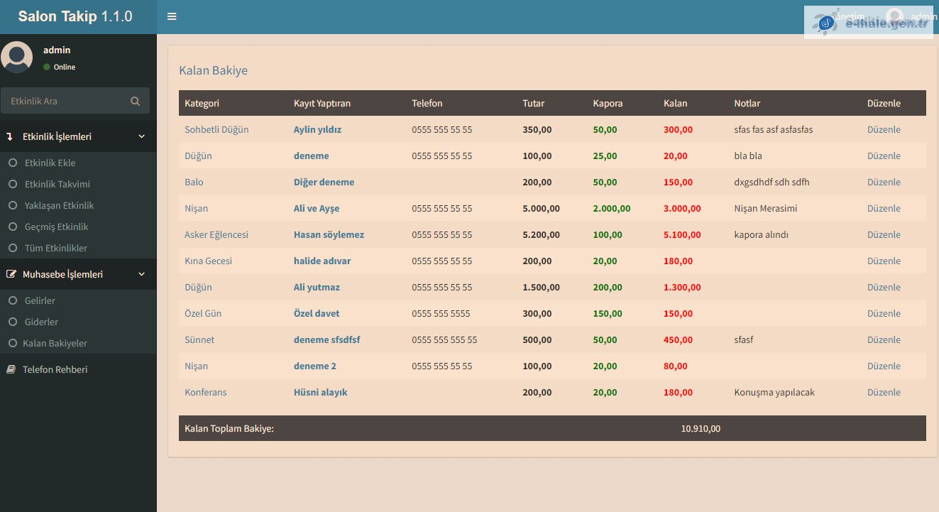 Düğün Takip, Salon Takip Programı