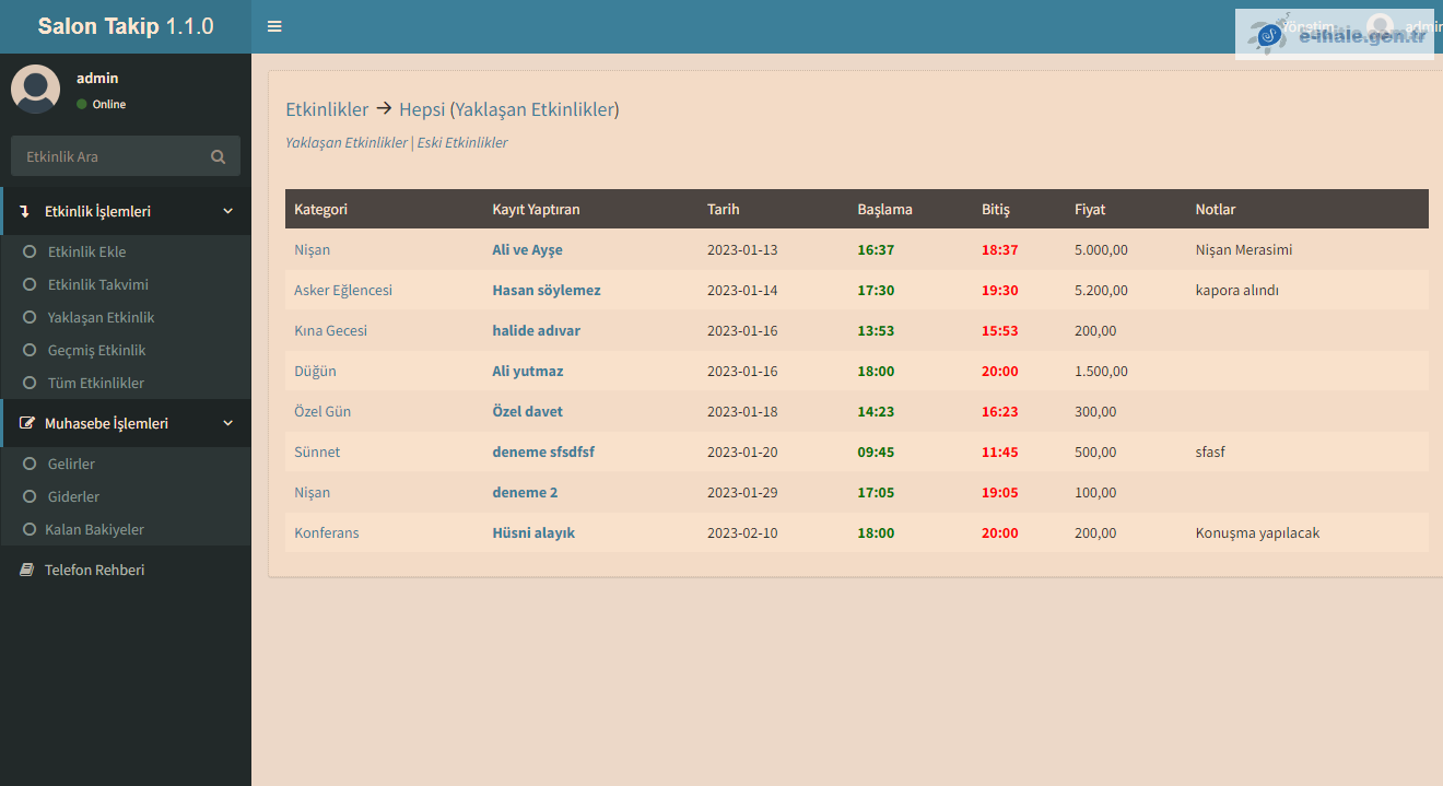 Düğün Takip, Salon Takip Programı